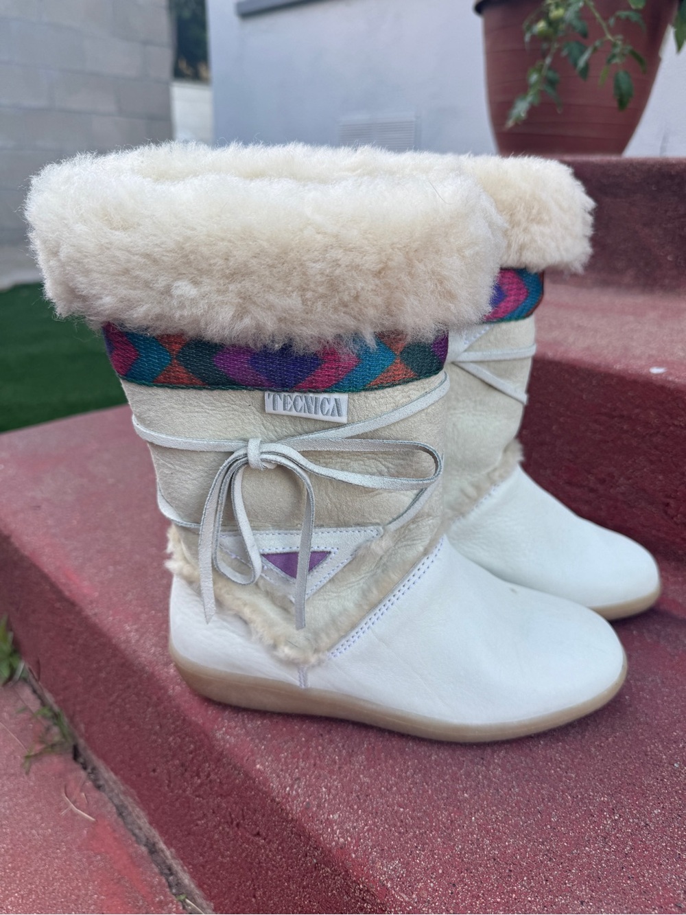 Tecnica Cream Shearling Boots with Multicolor Trim